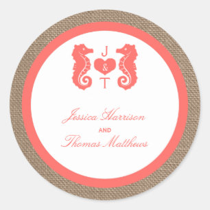 The Coral Seahorse Burlap Beach Wedding Collection Classic Round Sticker