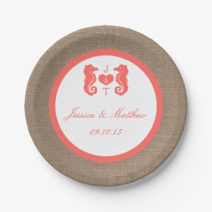 The Coral Seahorse Burlap Beach Wedding Collection Paper Plate