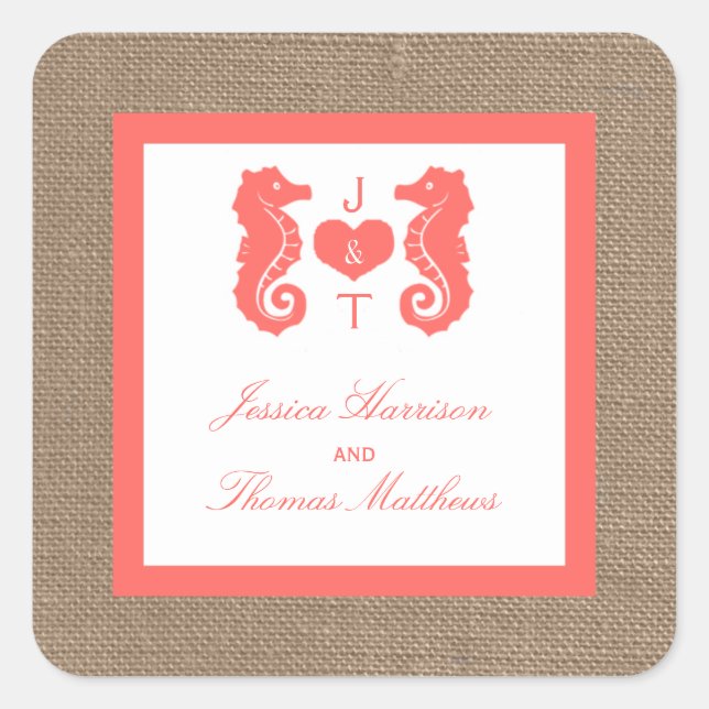 The Coral Seahorse Burlap Beach Wedding Collection Square Sticker (Front)