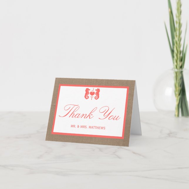 The Coral Seahorse Burlap Beach Wedding Collection Thank You Card (Front)