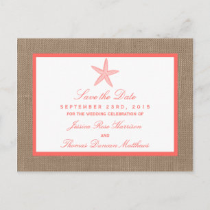 The Coral Starfish Burlap Beach Wedding Collection Announcement Postcard