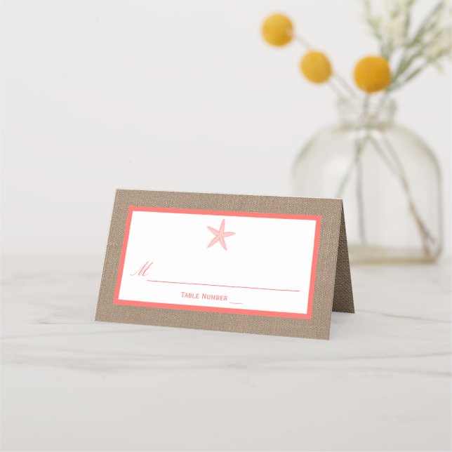 The Coral Starfish Burlap Beach Wedding Collection Place Card (Front)