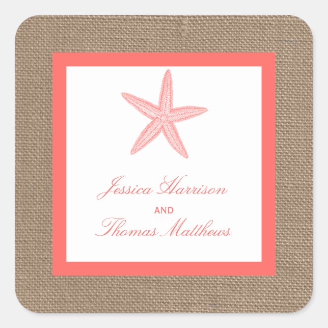 The Coral Starfish Burlap Beach Wedding Collection Square Sticker (Front)