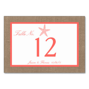 The Coral Starfish Burlap Beach Wedding Collection Table Number