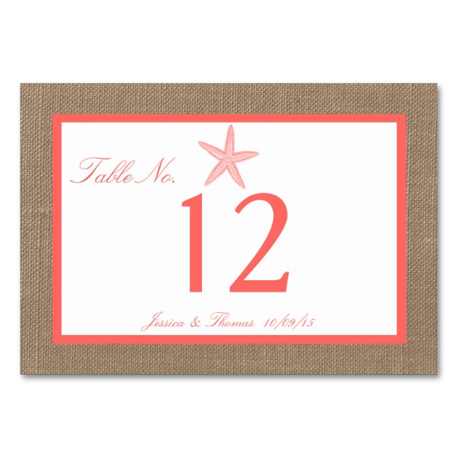 The Coral Starfish Burlap Beach Wedding Collection Table Number (Front)