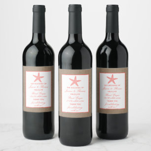 The Coral Starfish Burlap Beach Wedding Collection Wine Label