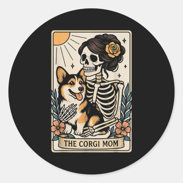 The Corgi Mom Tarot Card Skeleton Gothic Dog  Classic Round Sticker (Front)