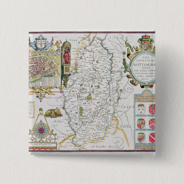 The Countie of Nottingham, engraved by Jodocus 2 Inch Square Button (Front)
