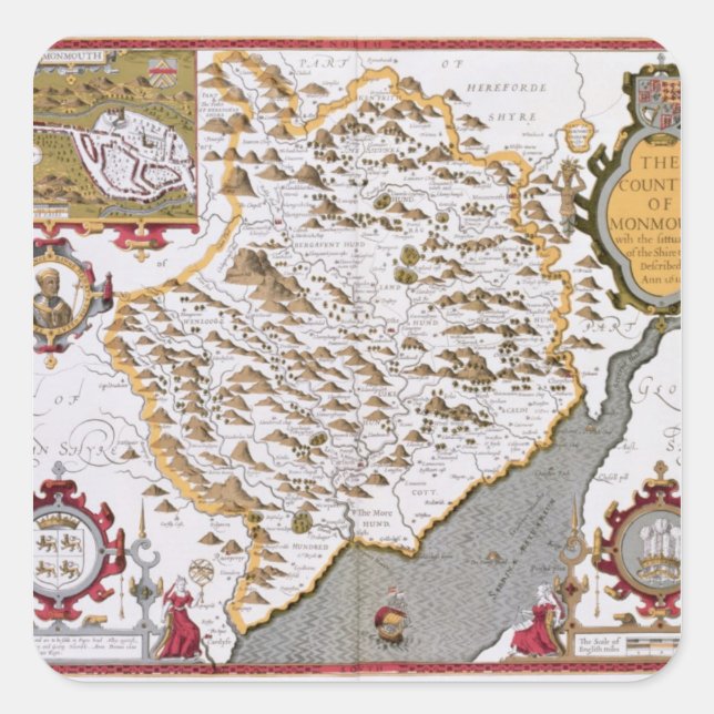 The Countye of Monmouth, engraved by Jodocus Square Sticker (Front)