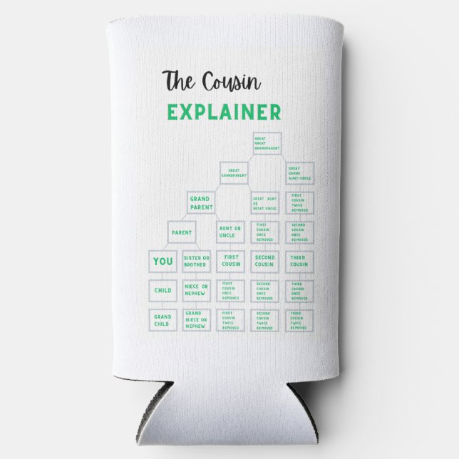 The Cousin Explainer Slim Can Cooler (Front)