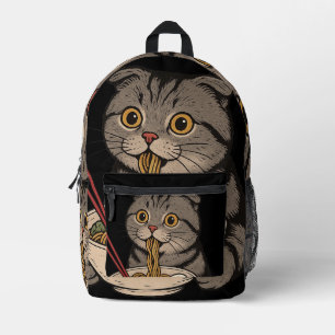The Cozy Cat Slurping Noodles Printed Backpack