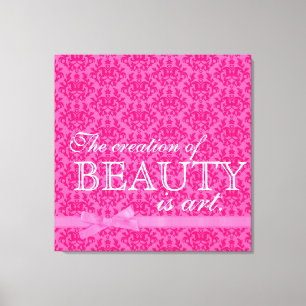 "The creation of beauty is art" pink bow damask Canvas Print