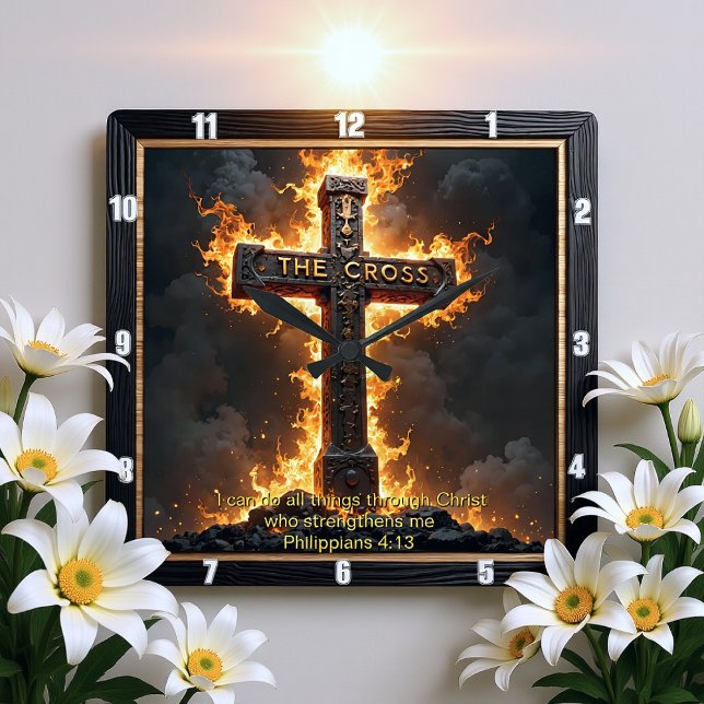The Cross Medallion Power Philippians 4:13 Verse Square Wall Clock (Creator Uploaded)