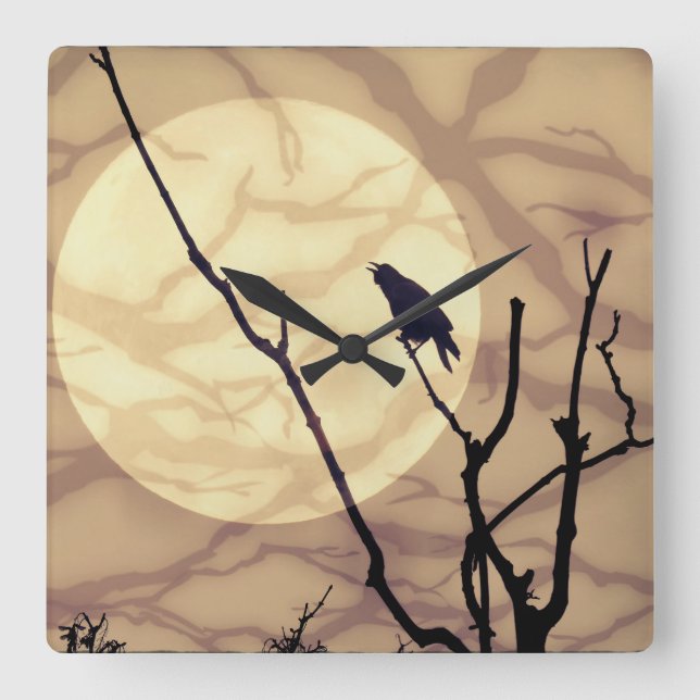 The Crow, The Moon, The Shadows Square Wall Clock (Front)