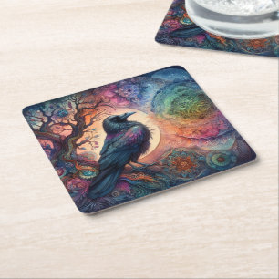 The Crow Tree of Life Mandala Pagan  Square Paper Coaster