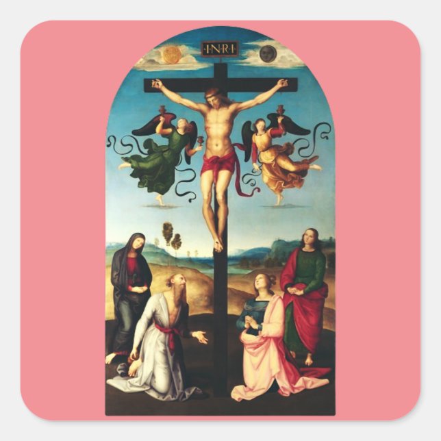 The Crucified Christ with the Virgin Mary Square Sticker (Front)