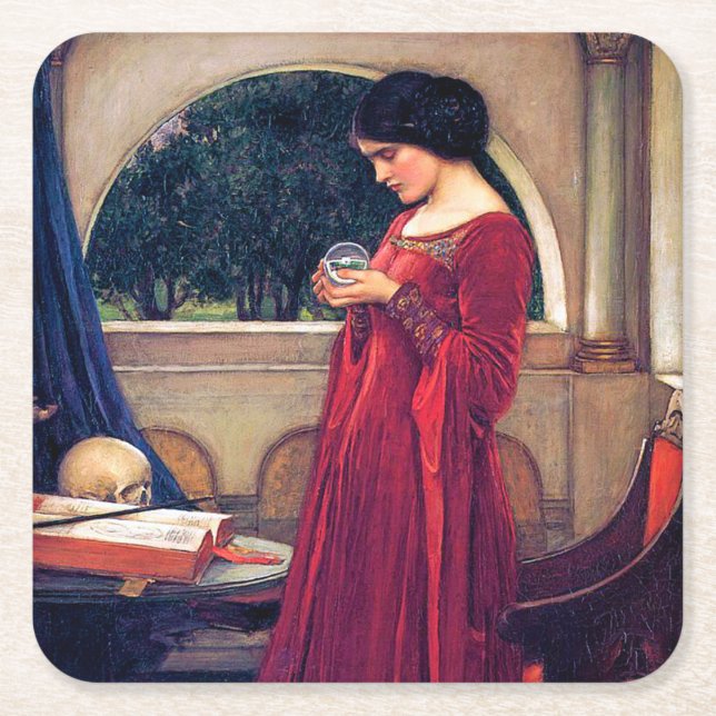 The Crystal Ball, John William Waterhouse Square Paper Coaster (Front)