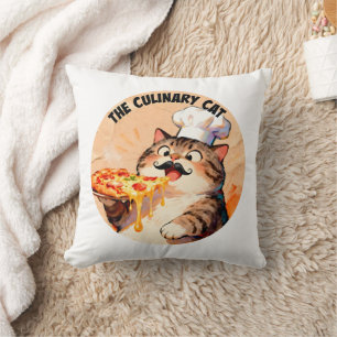 The Culinary Cat with Pizza Cat Chef Holding Pizza Throw Pillow