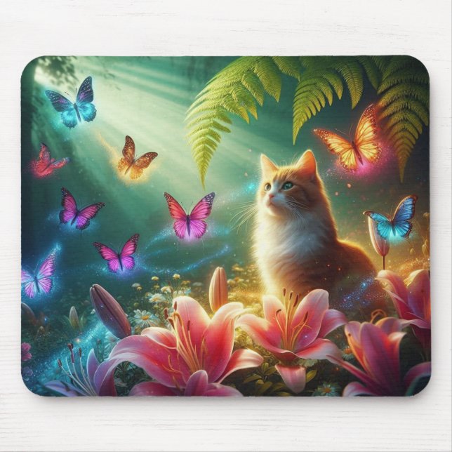 The Curious Cat & Her Butterflies Mouse Pad (Front)