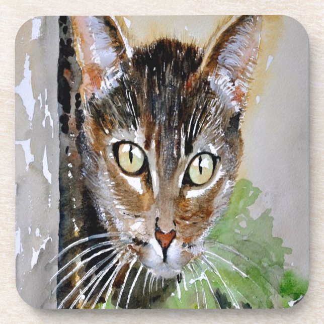 The Curious Tabby Cat Acrylic Painting Coaster (Front)