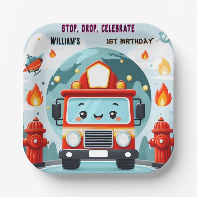 The Cute Hot Fire Truck Engine Safety 1st birthday Paper Plate (Front)