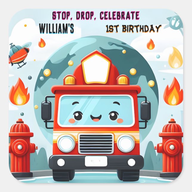 The Cute Hot Fire Truck Engine Safety 1st birthday Square Sticker (Front)