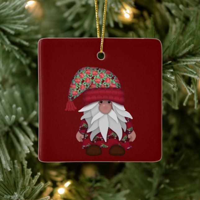 The Cutest Gnome | Poinsettia Hat Christmas Ceramic Ornament (Tree)