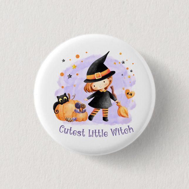 The Cutest Little Witch Halloween girl button (Front)