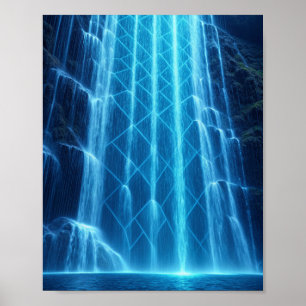 The Cybernetic Cascade: A Luminous Digital Waterfa Poster