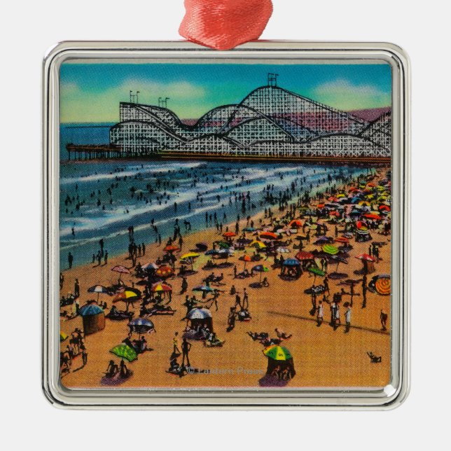 The Cyclone Racer and Beach Crowds, Long Beach Metal Ornament (Front)