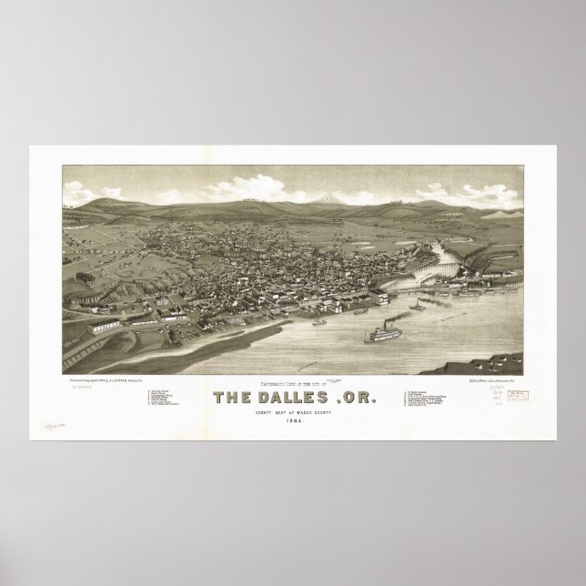 The Dalles Oregon 1884 Antique Panoramic Map Poster (Front)