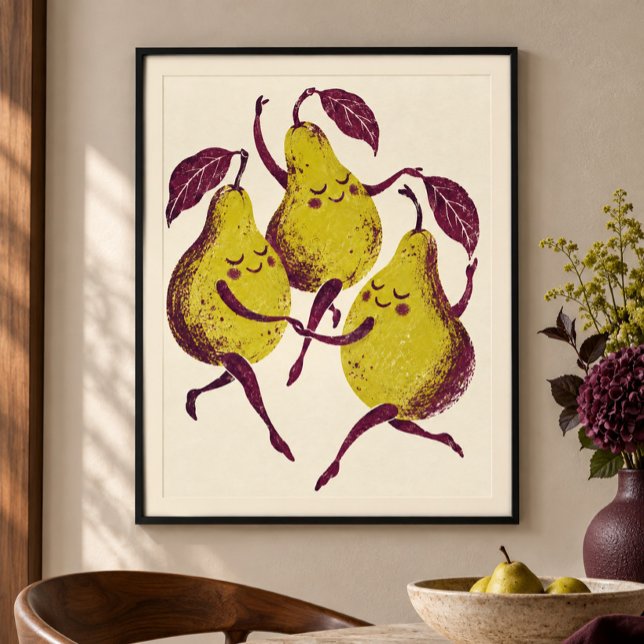 The Dancing Pears Art Print (Styled display of The Dancing Pears Art Print. Frame, mat and furnishings shown for illustration; select framing options separately.)