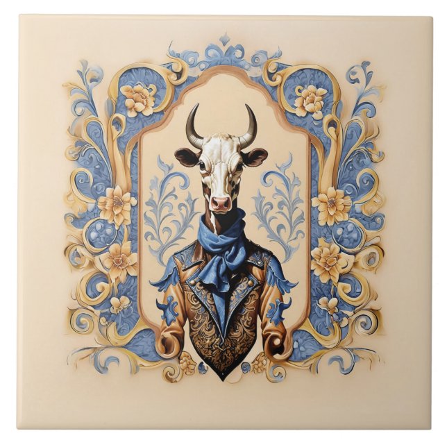 The Dapper CowBoy Funny Modern Cow Art Tile (Front)