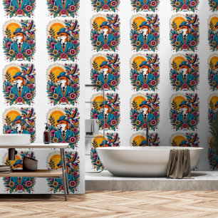 The Dapper Fox and colourful flowers Wallpaper