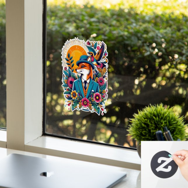 The Dapper Fox and colourful flowers Window Cling (Office)