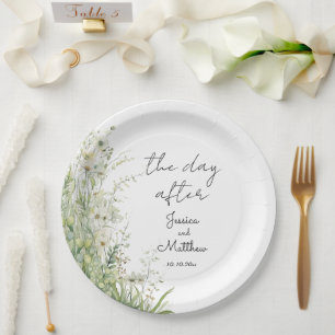 The day after Dusty Sage Green Flowers Wedding Paper Plate