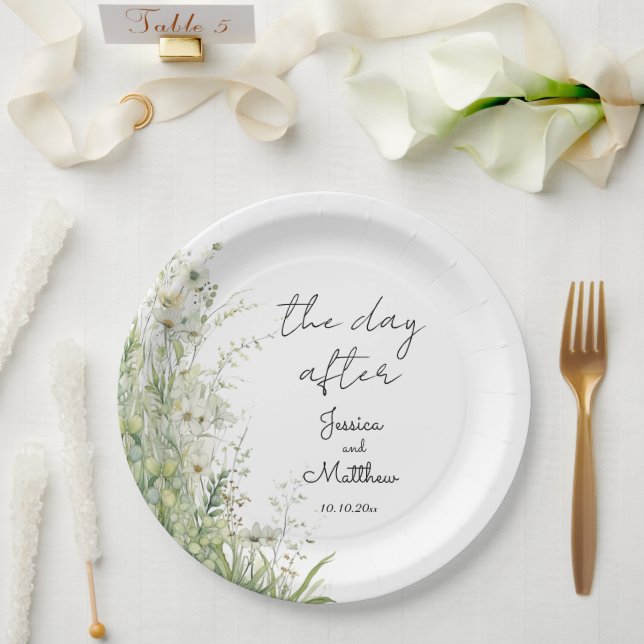 The day after Dusty Sage Green Flowers Wedding Paper Plate (Wedding)