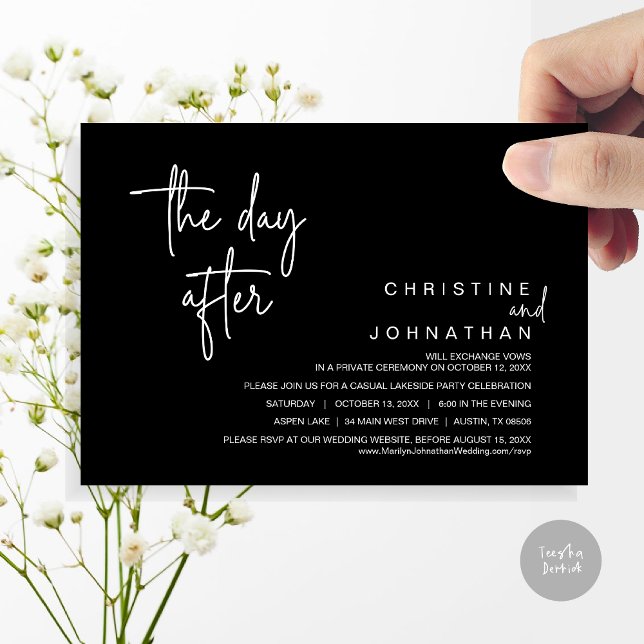 The Day After, Post Wedding Elopement Party, Black Invitation (The Day After, Modern Post Wedding Party Invitation Card, PDF, in classy black)