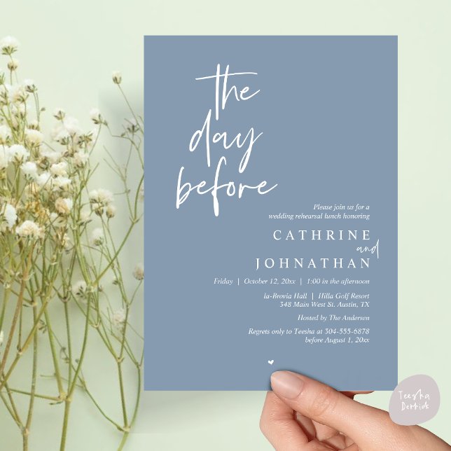 The day before, Wedding Rehearsal Lunch Invitation (The day before, Modern Wedding Rehearsal lunch Invitation Card, PDF, in Dusty Blue)