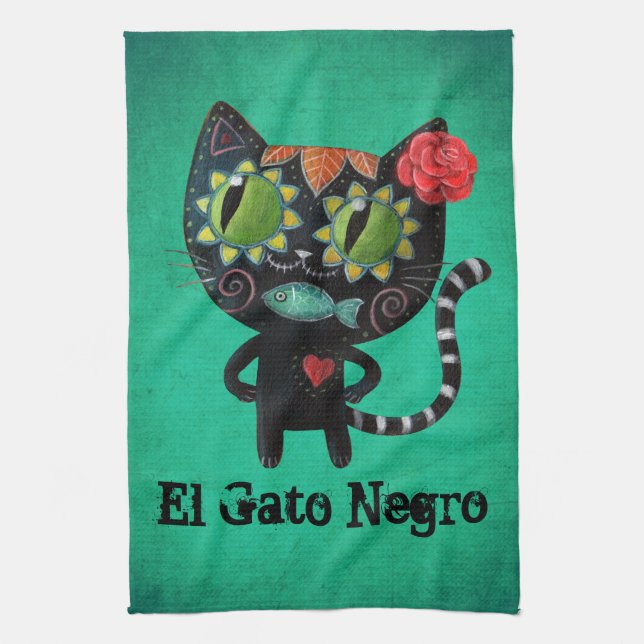 The Day of The Dead Black Cat Kitchen Towel (Vertical)