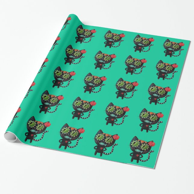 The Day of The Dead Black Cat Wrapping Paper (Unrolled)