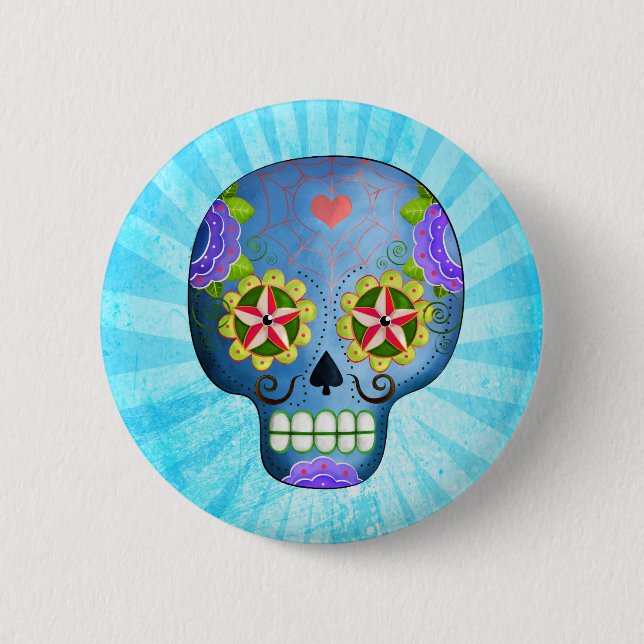 The Day of The Dead Blue Sugar Skull 2 Inch Round Button (Front)