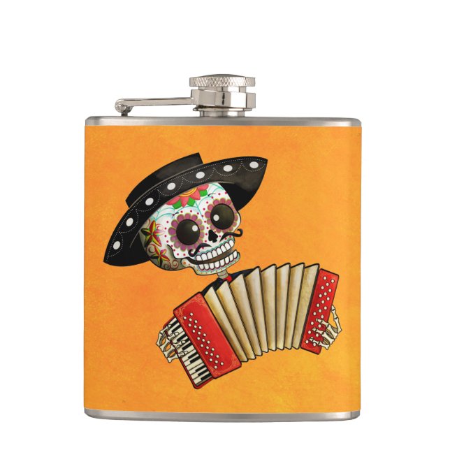 The Day of The Dead Skeleton El Mariachi Hip Flask (Front)