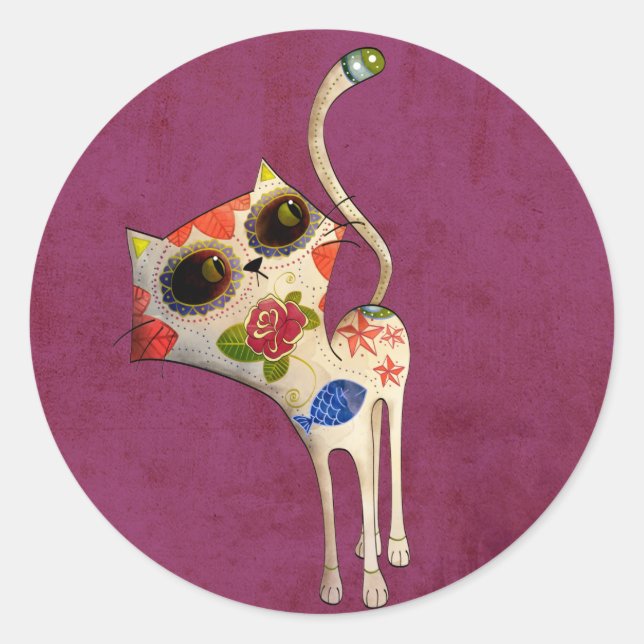 The Day of The Dead White Cute Cat Classic Round Sticker (Front)