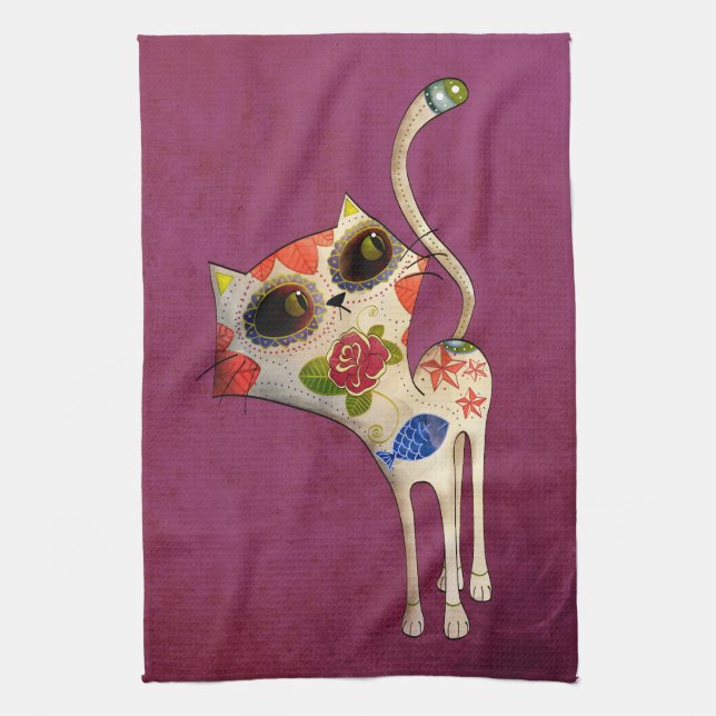 The Day of The Dead White Cute Cat Kitchen Towel (Vertical)