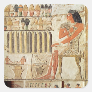 The deceased in front of a table of food square sticker