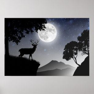 The deer under the black and white moon poster