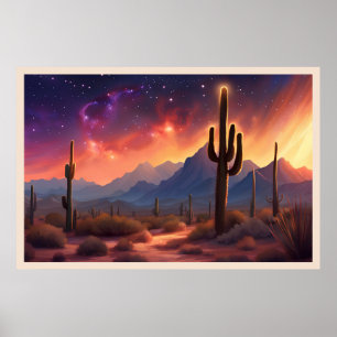 The Desert at Dusk Sequoia Cactus Colourful Art Poster