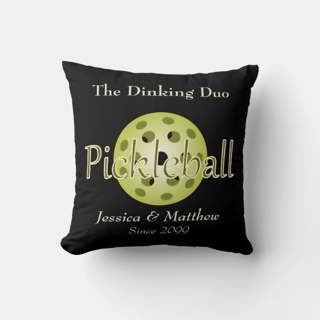The Dinking Duo Couple Pickleball Ball Throw Pillow (Front)