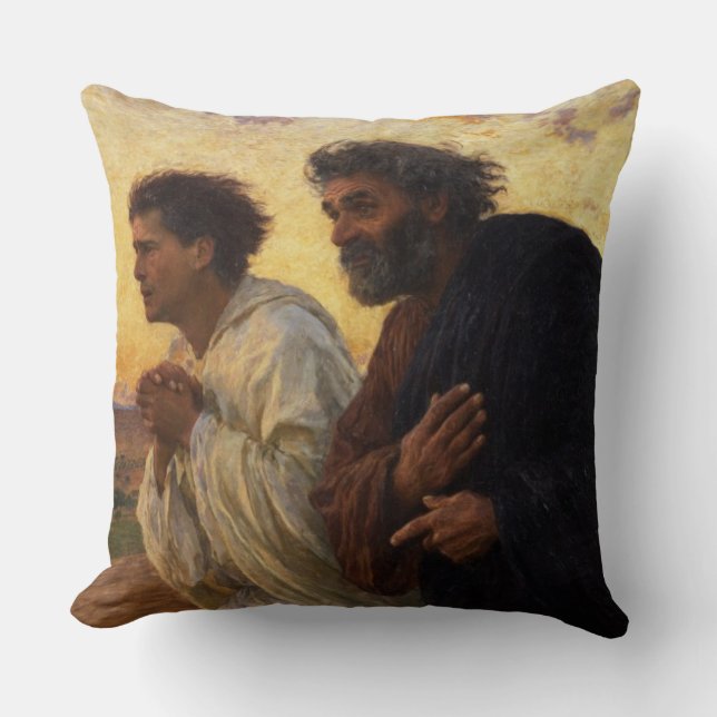 The Disciples Peter and John Running Throw Pillow (Front)